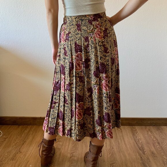 Vintage High Waisted Rose Floral Pleated Midi Skirt, Sz Small - Picture 4 of 9